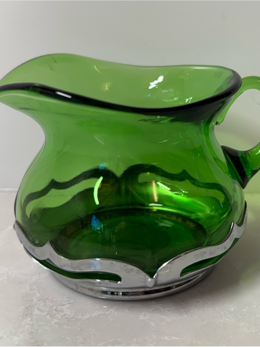 Green Glass Decorative Creamer/Small Pitcher with Silver Trim